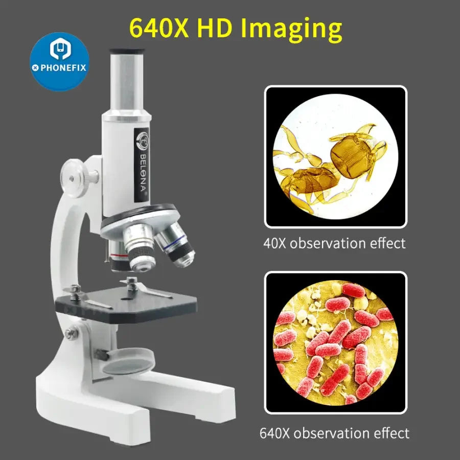 Microscope biologique monoculaire Phonefix 40x-640x pour enfants et étudiants, avec mise au point réglable et conception adaptée aux débutants.