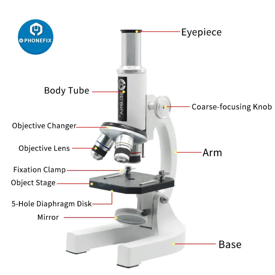 Phonefix 40x-640x monocular biological microscope for kids and students, with adjustable focus and built-in lighting.