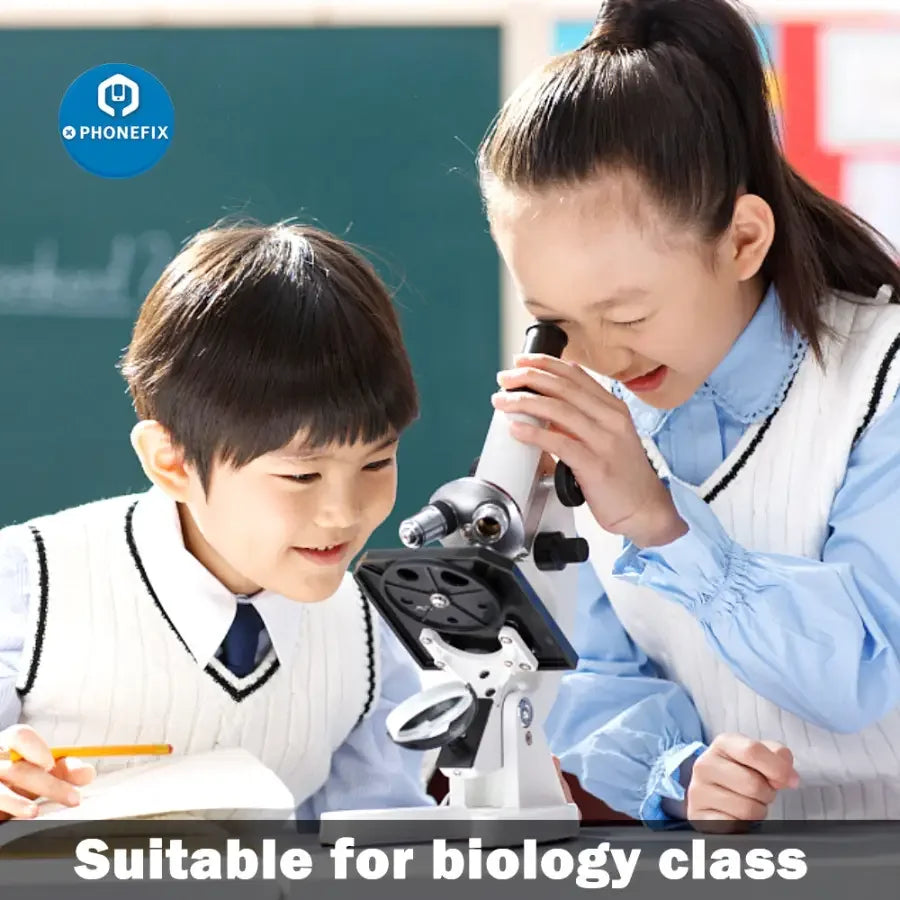 PhoneFix 40x-640x monocular biological microscope for kids and students, with eyepiece and adjustable focus.
