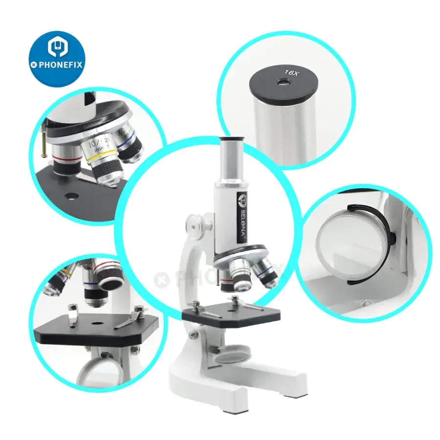 Phonefix 40x-640x monocular biological microscope for kids and students, with eyepiece and adjustable focus.