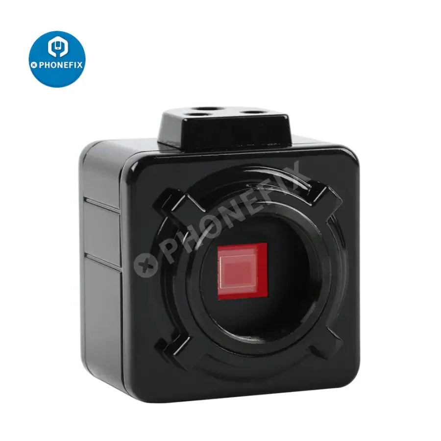 PhoneFix 5MP CMOS USB industrial microscope camera with digital electronic eyepiece showing detailed close-up view.