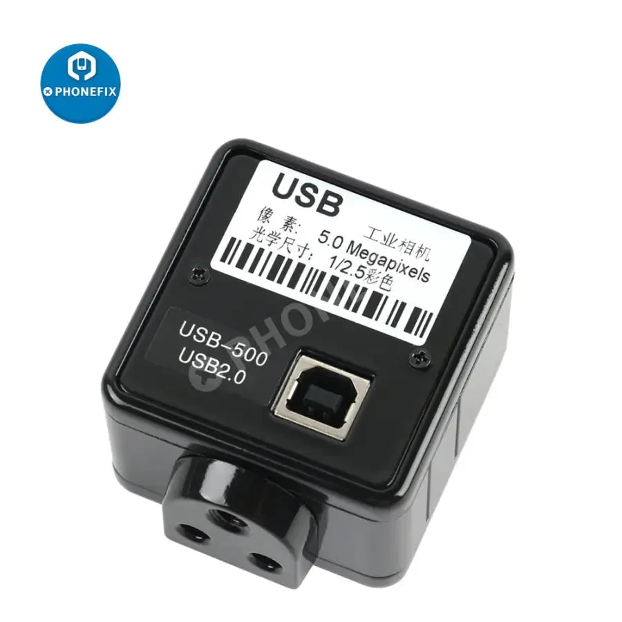 PhoneFix 5MP CMOS USB industrial microscope camera with digital electronic eyepiece for detailed close-up imaging.
