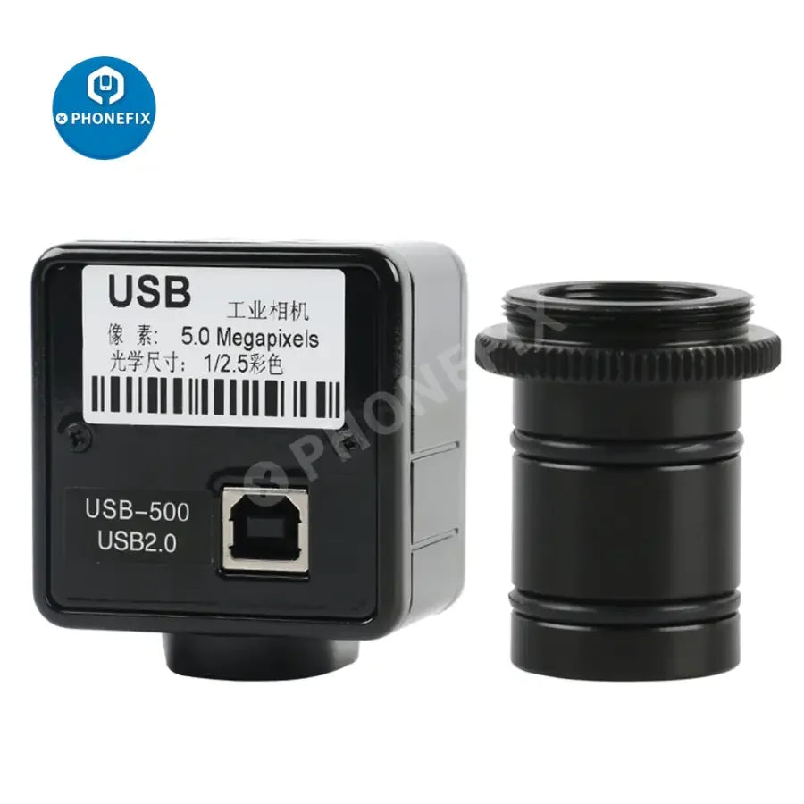 PhoneFix 5MP CMOS USB industrial microscope camera with digital electronic eyepiece for high-resolution imaging.