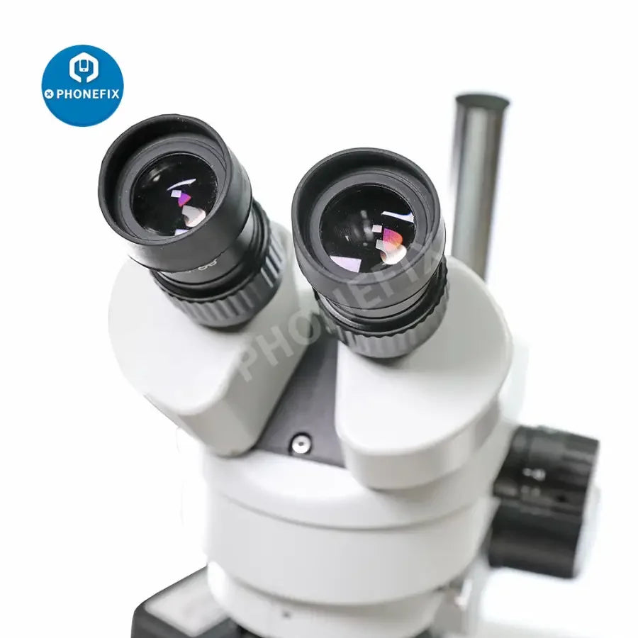 PhoneFix 7-45X SZM45-B1 industrial binocular stereo microscope with 56-LED light, featuring adjustable magnification and lighting.