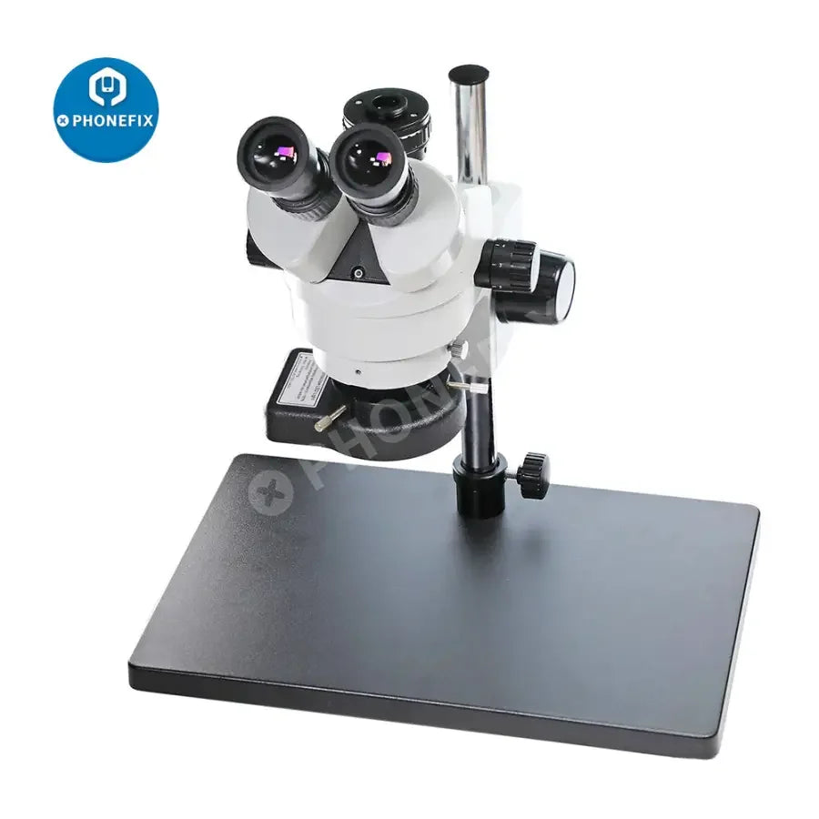 PhoneFix 7-45x SZM45T-B1 industrial stereo trinocular microscope with built-in light and adjustable magnification.