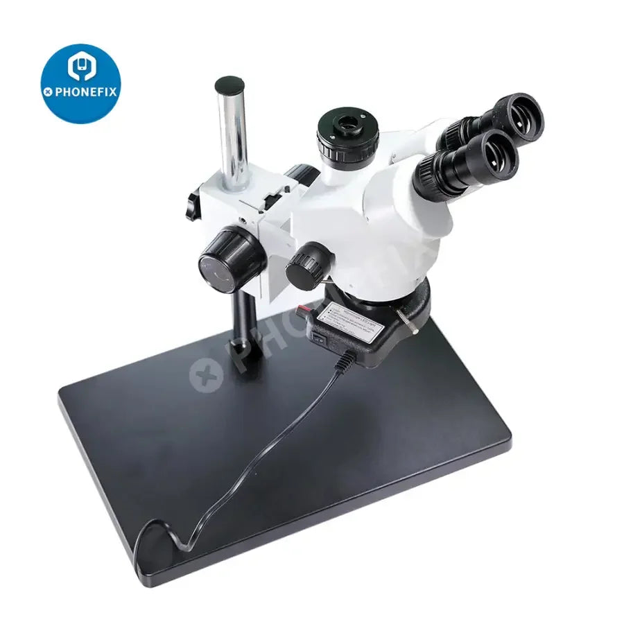 Phonefix 7-45x SZM45T-B1 industrial stereo trinocular microscope with built-in light for detailed magnified inspection.