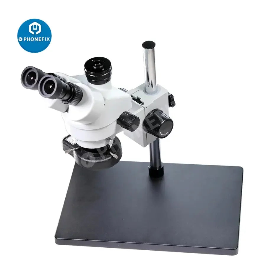 Phonefix 7-45x SZM45T-B1 industrial stereo trinocular microscope with built-in light, featuring dual eyepieces and adjustable magnification.