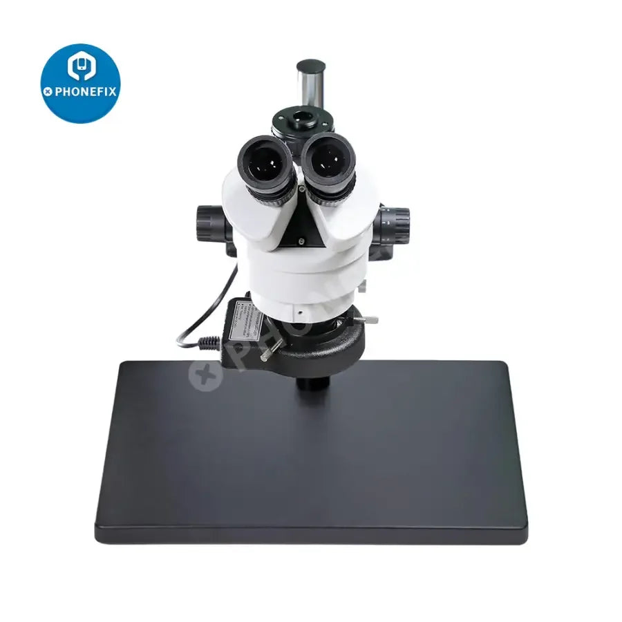 PhoneFix 7-45x SZM45T-B1 industrial stereo trinocular microscope with built-in light and adjustable magnification for detailed viewing.