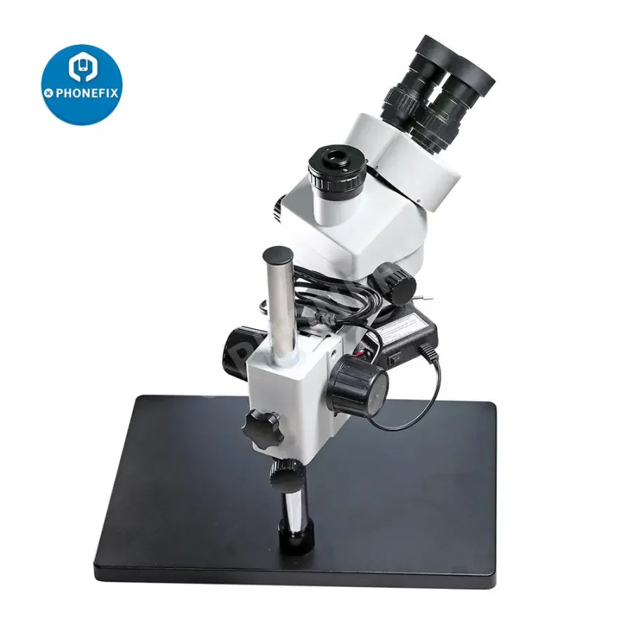 Phonefix 7-45x SZM45T-B1 industrial stereo trinocular microscope with built-in light, featuring adjustable magnification and ergonomic design.