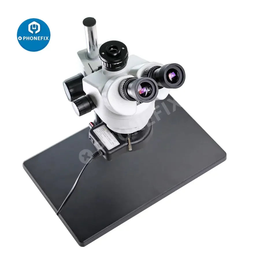 PHONEFIX 7-45x SZM45T-B1 industrial stereo trinocular microscope with built-in light for detailed magnified viewing.