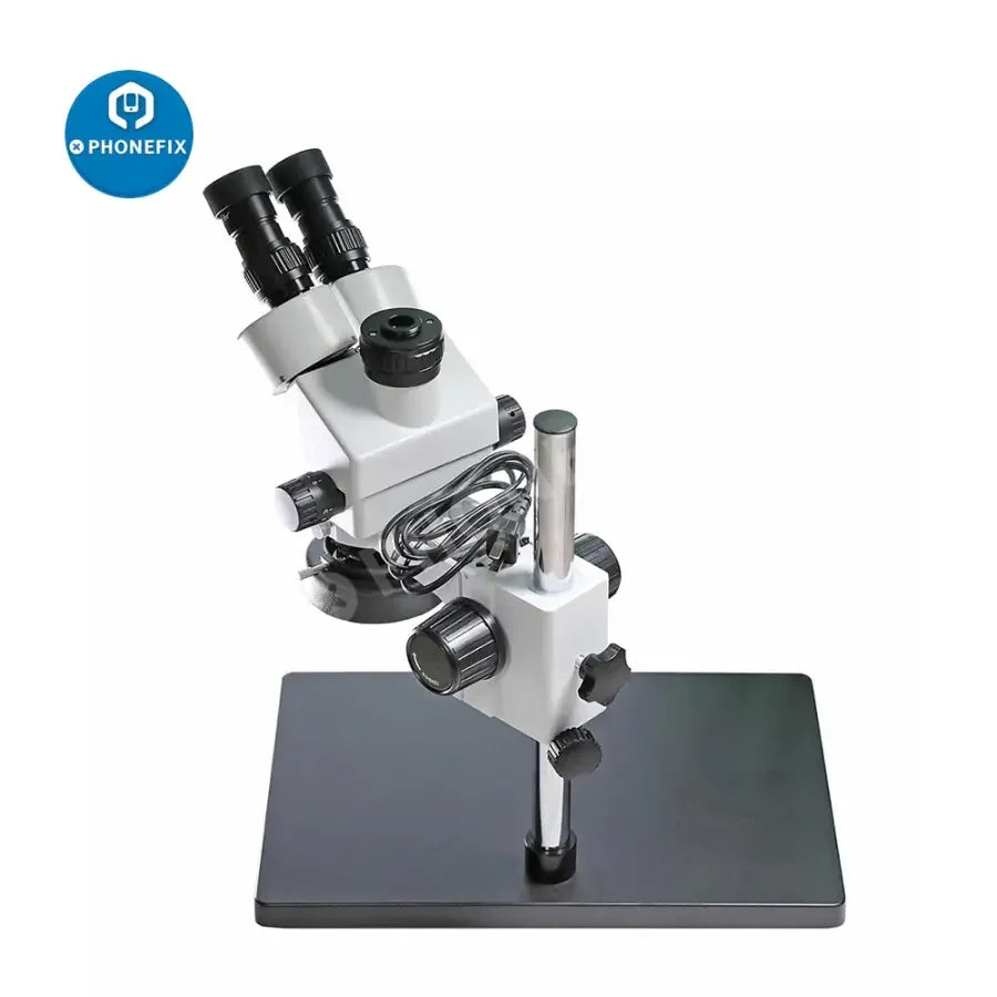 PhoneFix 7-45x SZM45T-B1 industrial stereo trinocular microscope with built-in light for detailed inspection and viewing.