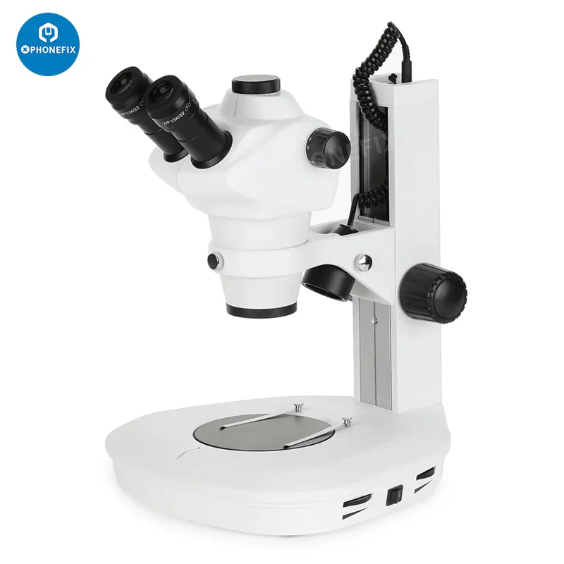 PhoneFix 8X-50X parfocal trinocular microscope with track stand and two lights for detailed scientific observation.