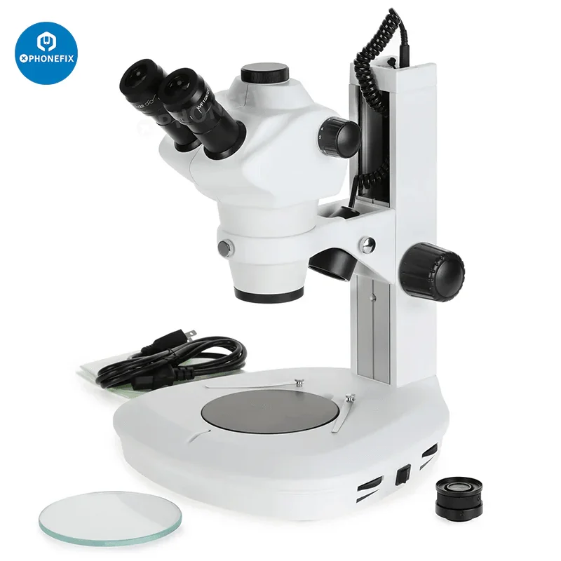 PhoneFix 8X-50X parfocal trinocular microscope with track stand and two lights for detailed scientific observation.