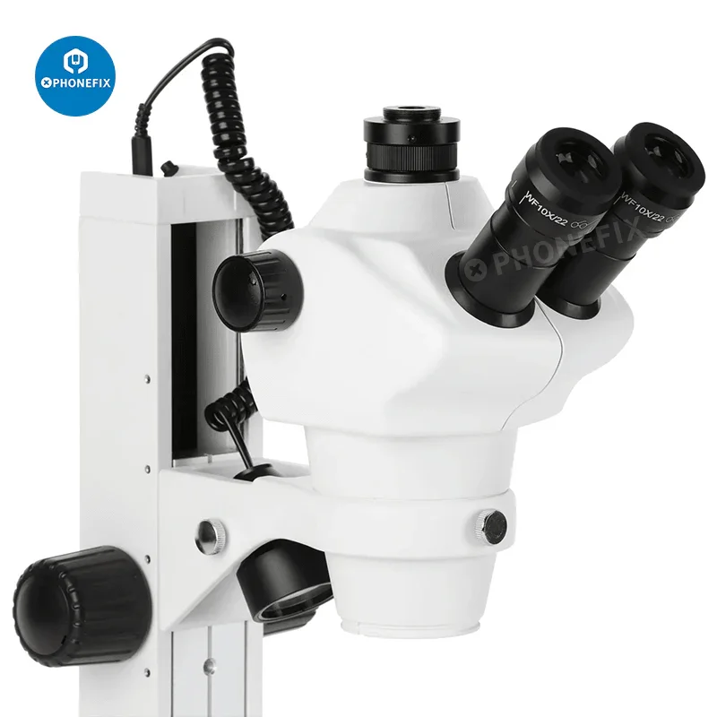 PhoneFIX 8X-50X Parfocal Trinocular Microscope with track stand and two adjustable lights for detailed scientific observation.