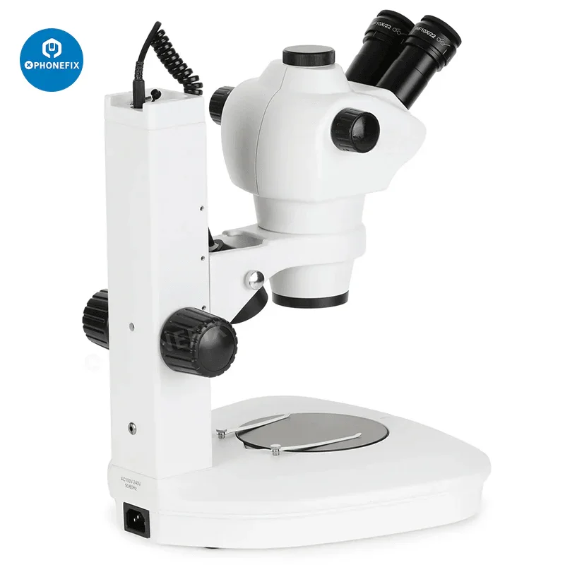 PhoneFix 8X-50X parfocal trinocular microscope with track stand and two illumination lights for detailed viewing.