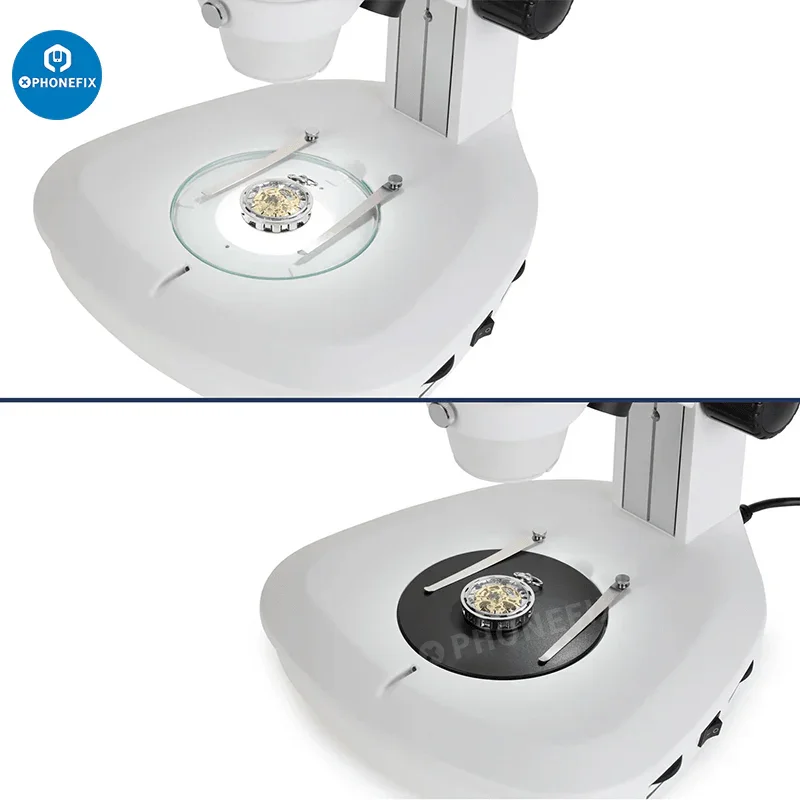 PhoneFix 8X-50X parfocal trinocular microscope with track stand and two adjustable lights for detailed scientific observation.