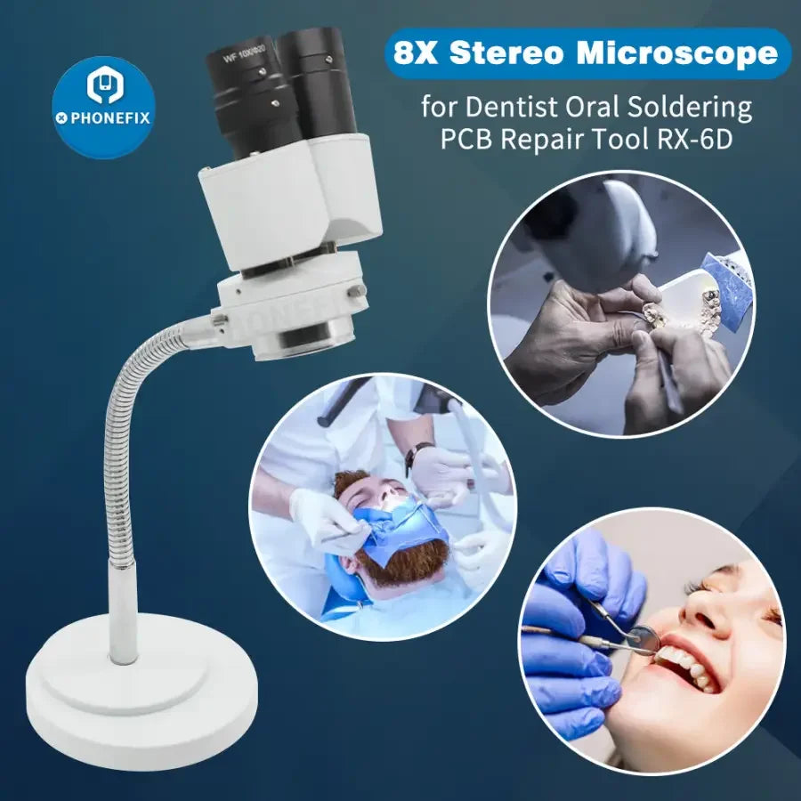 PHONEFIX 8X dental stereo binocular microscope with LED light and adjustable hose, used for detailed dental examinations.