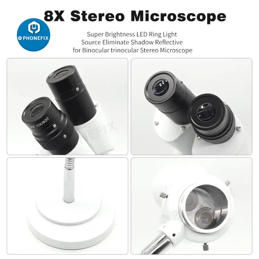 PHONEFIX 8X Dental Stereo Binocular Microscope with LED light and adjustable hose for detailed dental examinations and procedures.