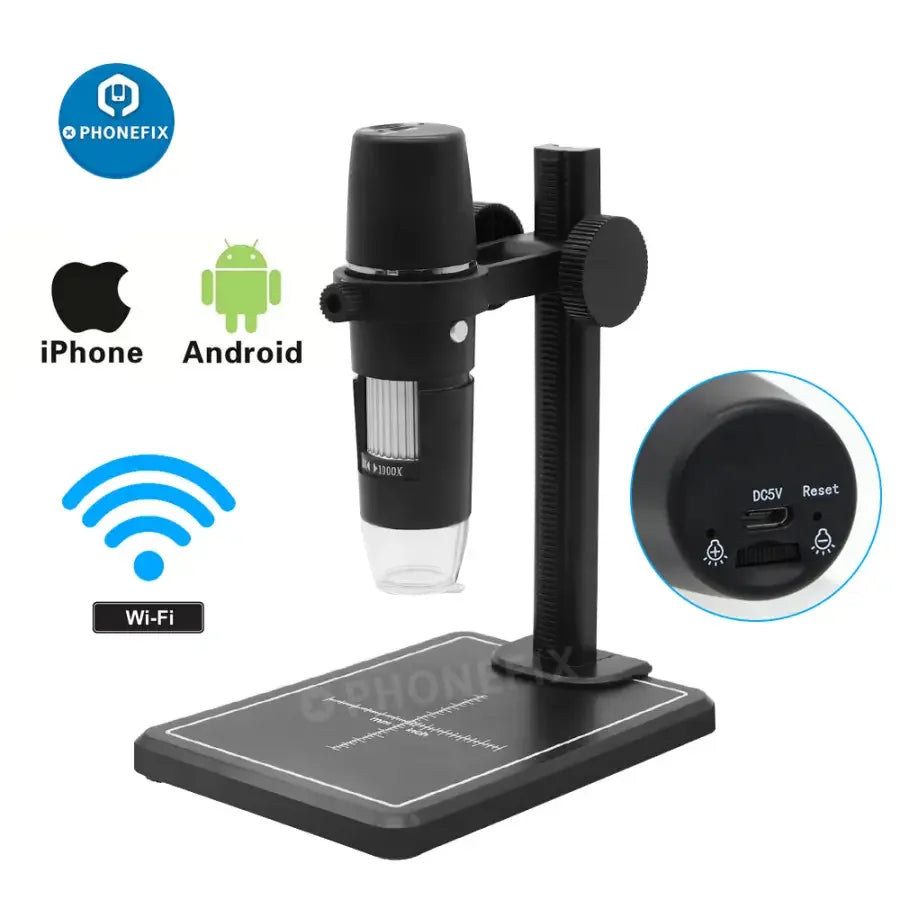 PHONEFIX digital microscope camera with 1000X magnification, 8 LED lights, WiFi endoscope, suitable for detailed inspection.