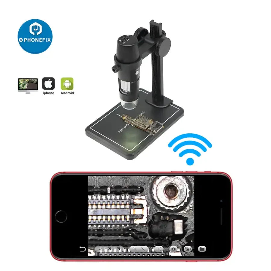 Digital microscope camera with 1000X magnification, 8 LED lights, WiFi endoscope by PHONEFIX, suitable for detailed inspection.