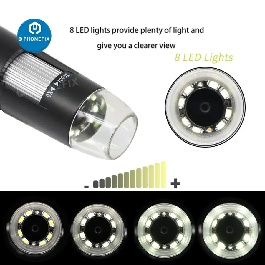 PhoneFix digital microscope camera with 1000X magnification, 8 LED lights, WiFi endoscope for detailed close-up inspection.