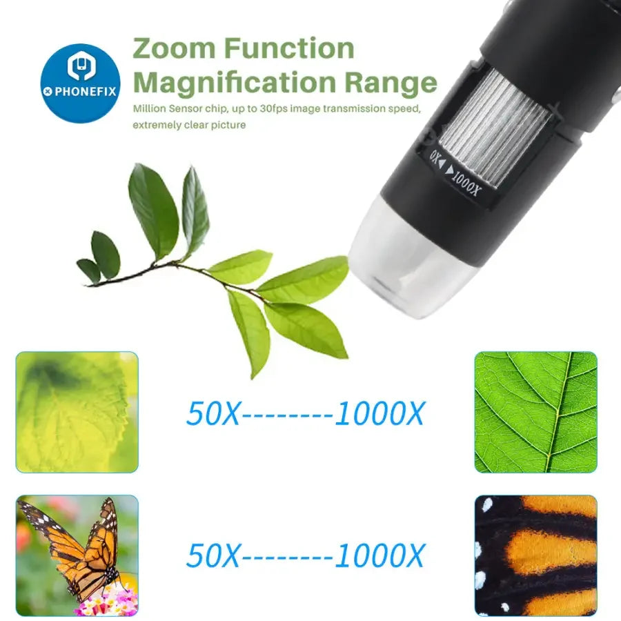 PHONEFIX digital microscope camera with 1000X magnification, 8 LED lights, WiFi endoscope for detailed close-up inspection.