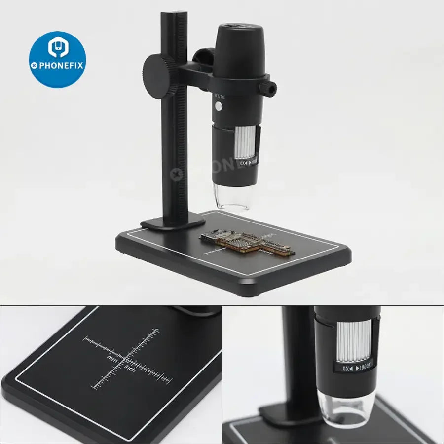 Digital microscope camera by PHONEFIX showing 1000X magnification, 8 LED lights, WiFi endoscope for detailed close-up inspection.
