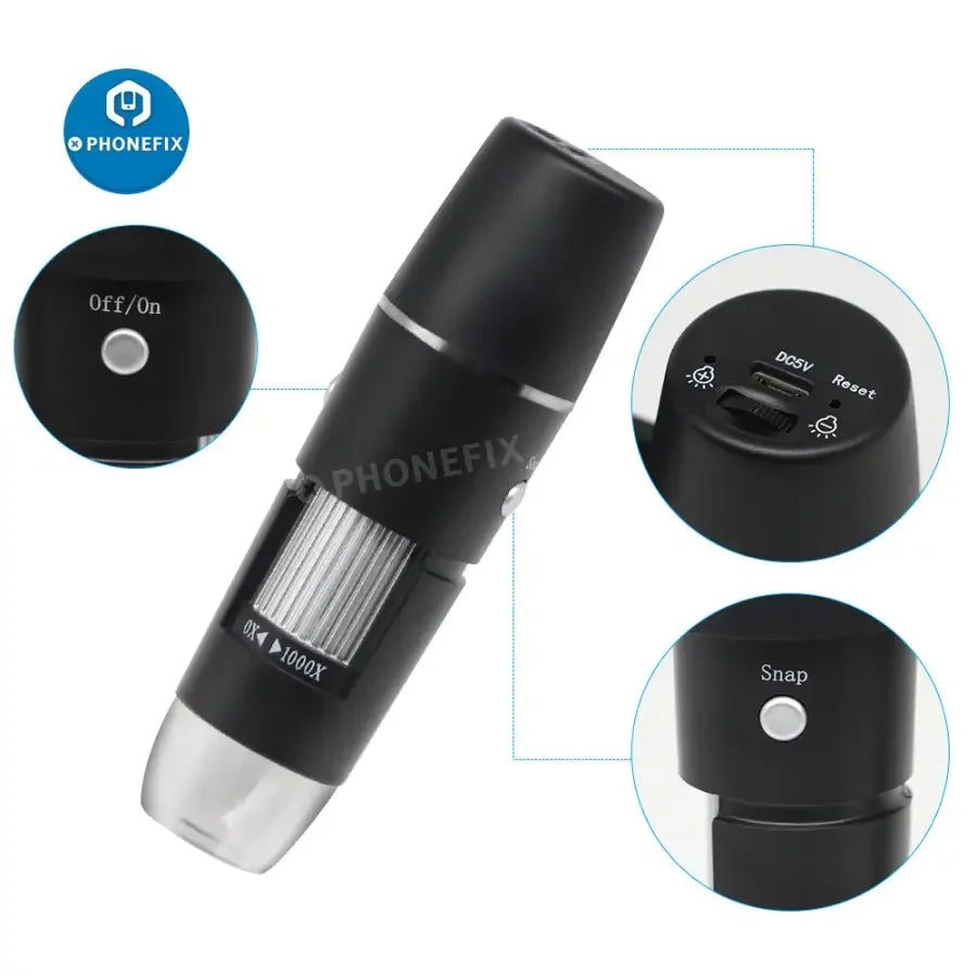 Digital Microscope Camera 1000X with 8 LED lights and WiFi, used for detailed magnification and endoscope inspection by PHONEFIX.
