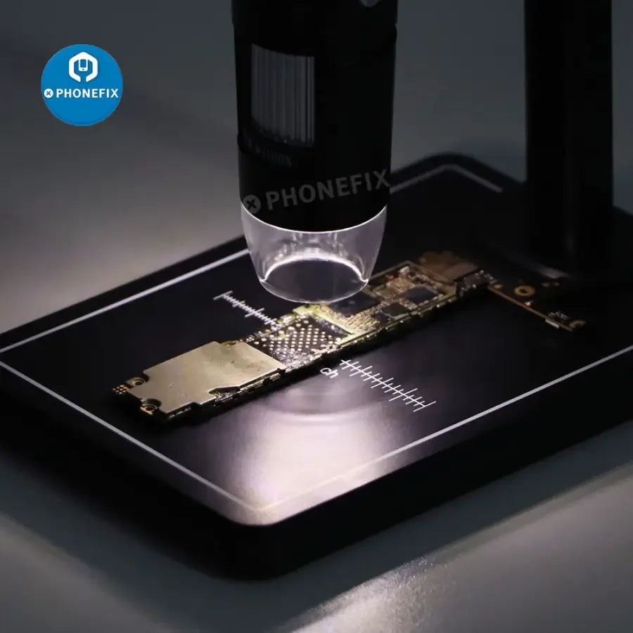 Digital Microscope Camera by PHONEFIX showing 1000X magnification, 8 LED lights, WiFi endoscope, with a smartphone connection.