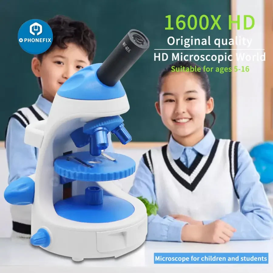 Monocular biological HD microscope by PHONEFIX with 1600X magnification and phone holder for lab students.