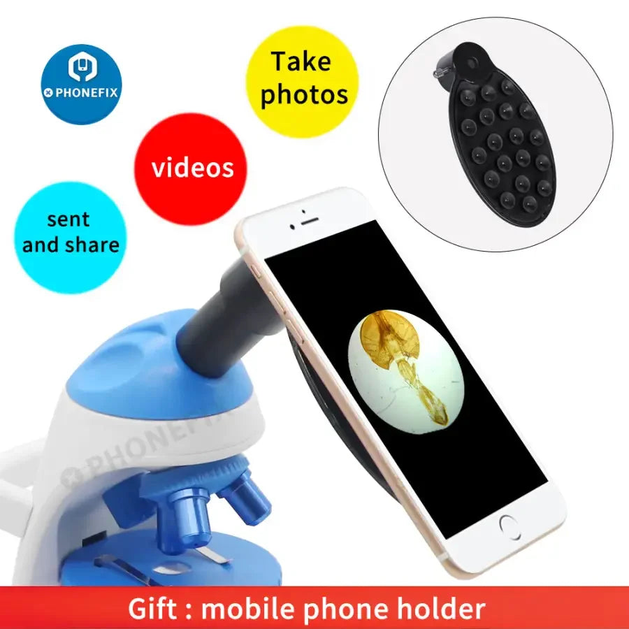 PhoneFix biological HD monocular microscope with phone holder, 1600X magnification for lab students, suitable for detailed biological observations.
