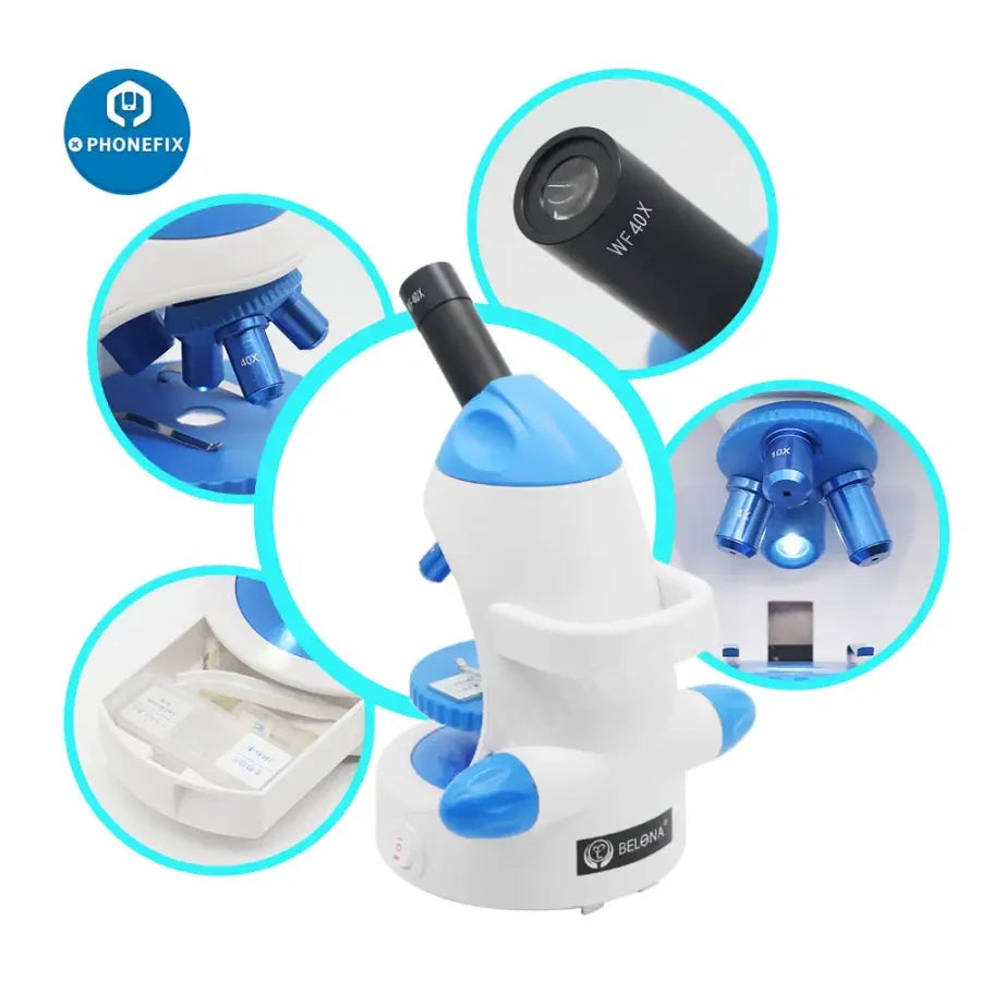 PhoneFIX Monocular Biological HD Microscope 1600X with Phone Holder for lab students, detailed view of biological specimens.