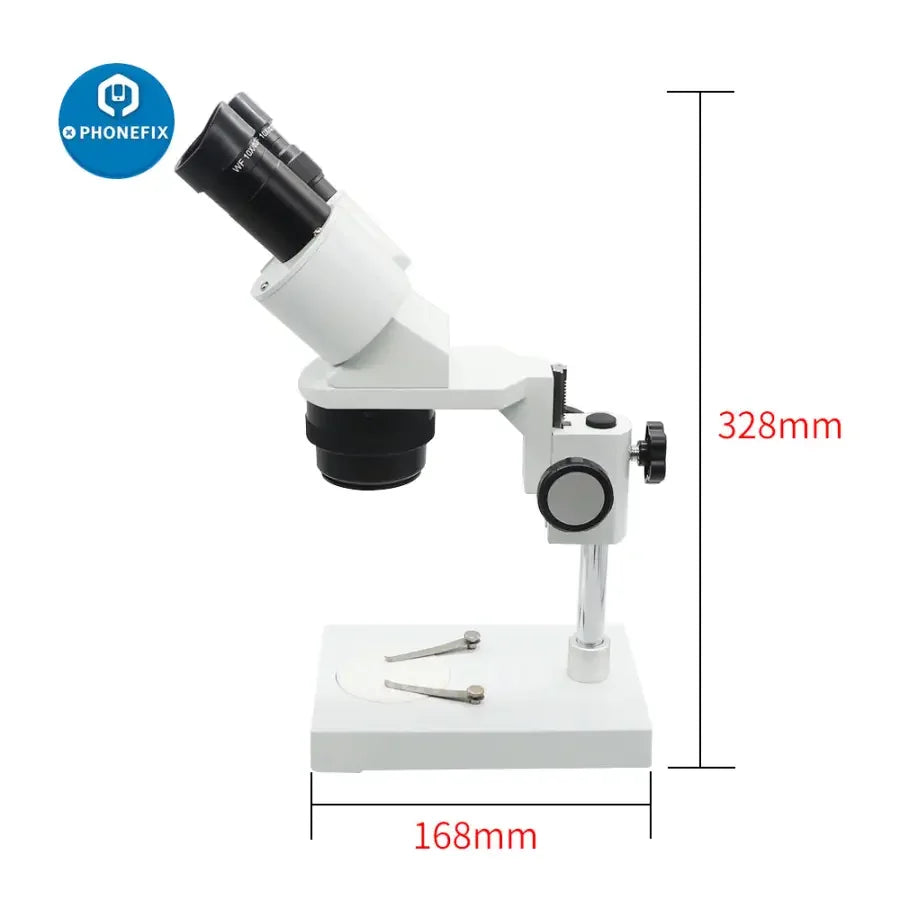 Phonefix professional binocular stereo microscope with 20x-40x magnification and integrated LED light for detailed viewing.