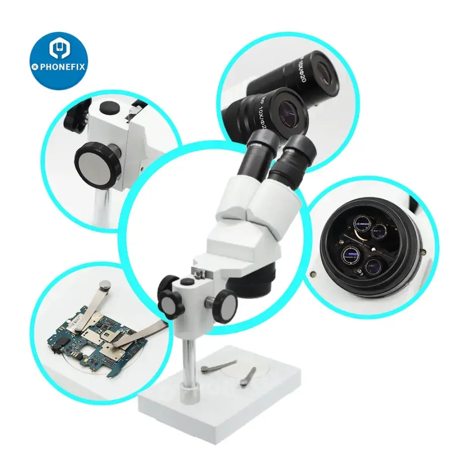 Phonefix professional binocular stereo microscope with 20X-40X magnification and LED light for detailed viewing.
