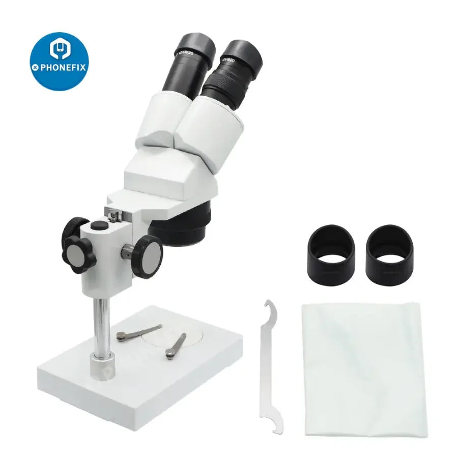 PhoneFIX professional binocular stereo microscope with 20X and 40X magnification and LED illumination, showing the binocular eyepieces and base.