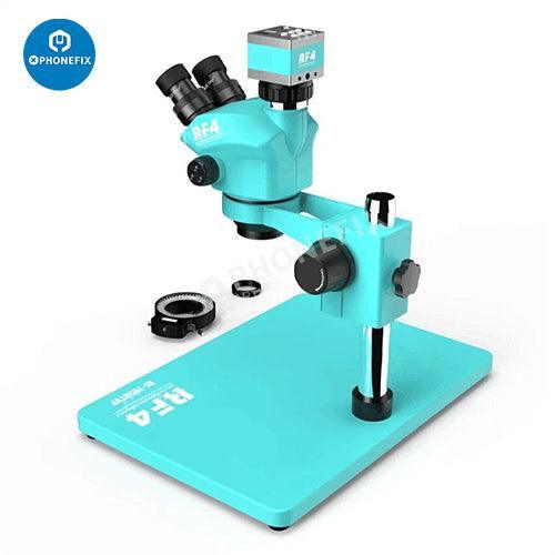 PHONEFIX RF7050TVP 7X-50X trinocular stereo microscope with 2K HD camera, showing the microscope's eyepieces and camera attachment.
