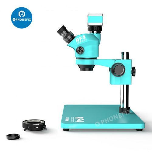RF7050TVP 7X-50X trinocular stereo microscope with 2K HD camera by PHONEFIX, showing the microscope setup with eyepieces and camera attachment.