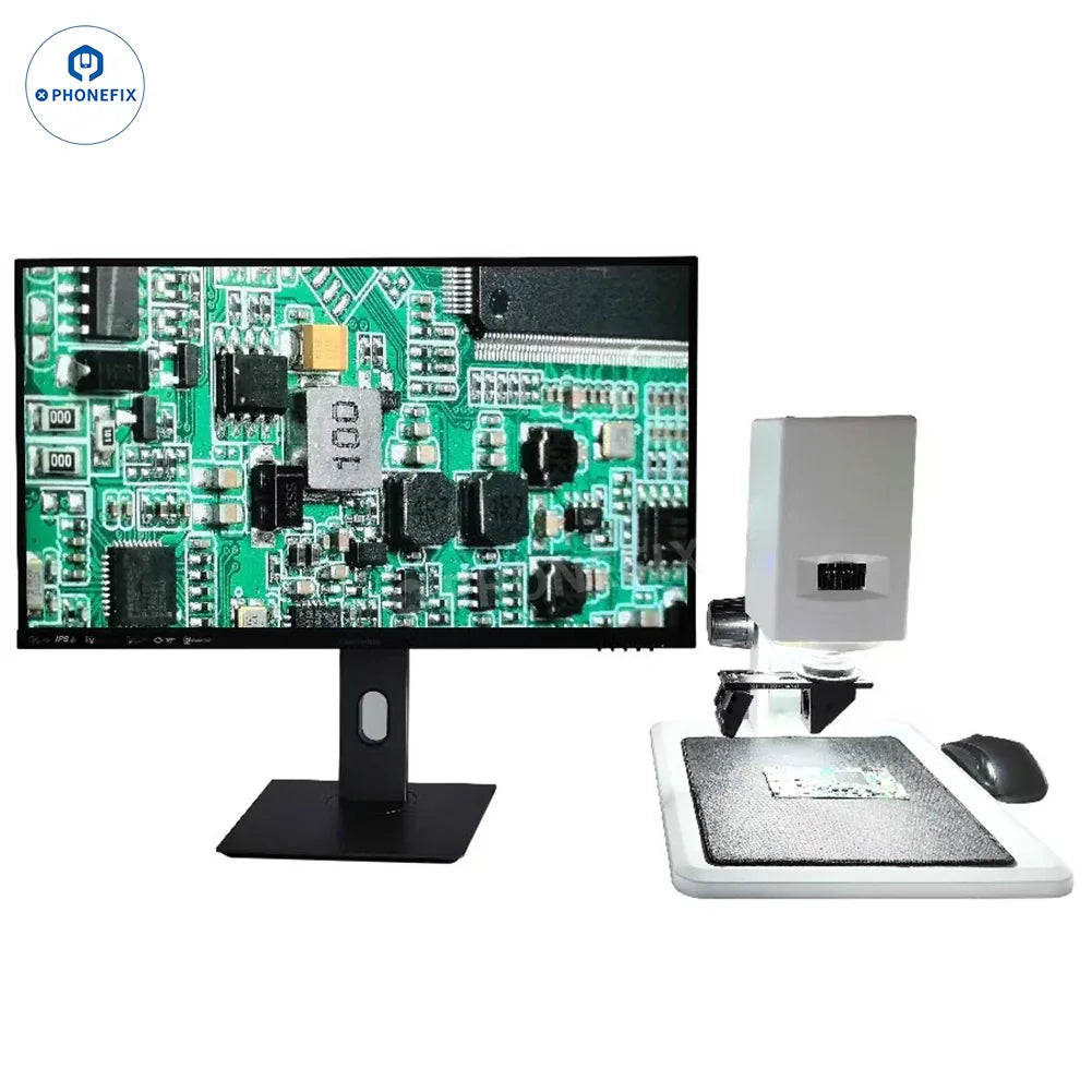 PHONEFIX dual 4K panoramic microscope showing partial and full-view images with synchronous display on a high-resolution screen.
