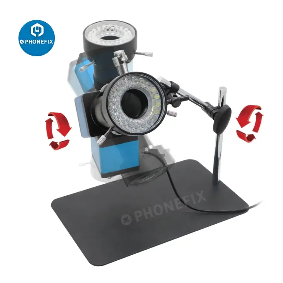 PHONEFIX 13MP industrial microscope with magic arm, 130X lens, super clamp, and full set for detailed microscopic inspection.