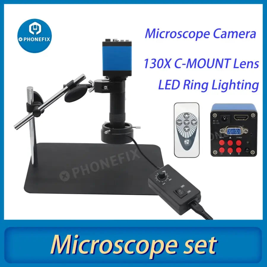 Phonefix 13MP industrial microscope with magic arm, 130X lens, super clamp, and complete microscope set for detailed imaging.