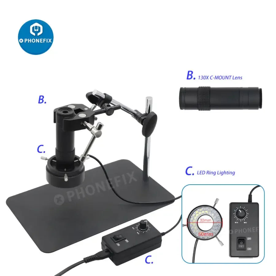 PhoneFix 13MP industrial microscope set with magic arm, 130X lens, super clamp, and accessories for detailed microscopic viewing.
