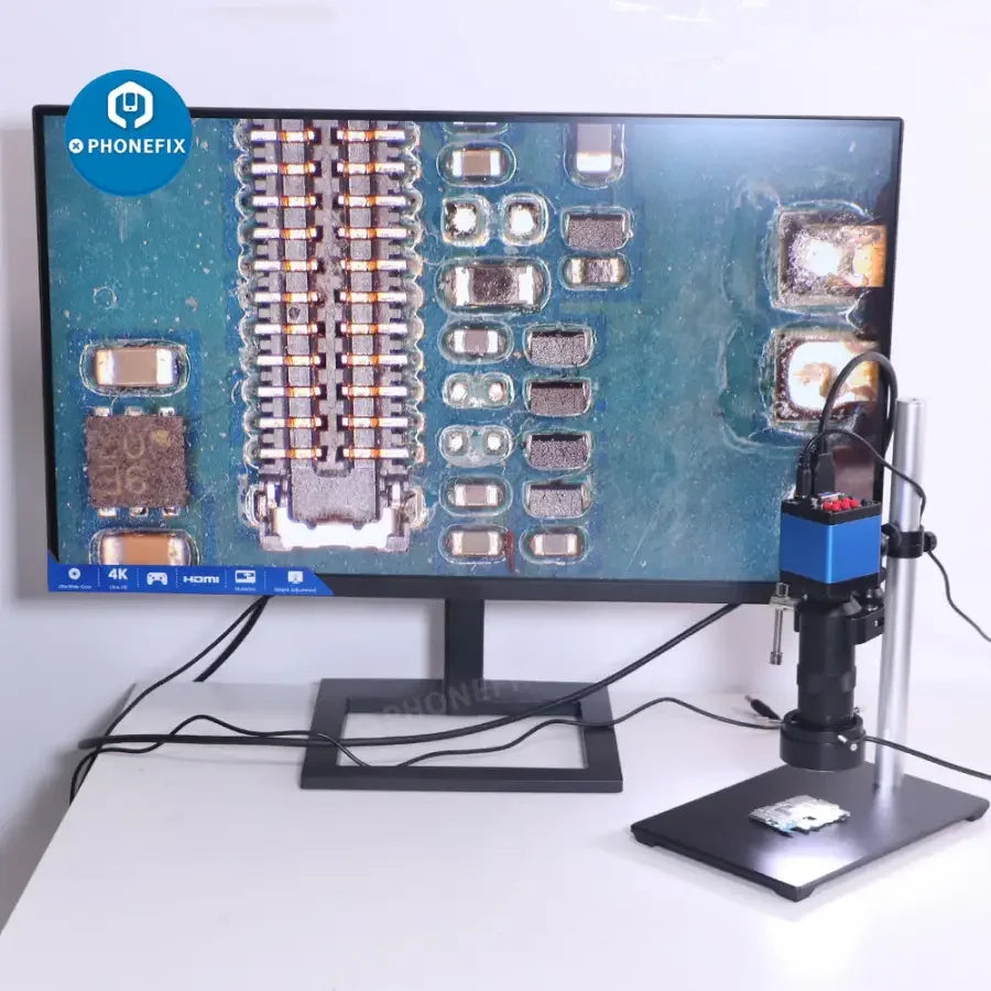 Phonefix industrial microscope set with 130X lens, magic arm, super clamp, and camera for detailed viewing and inspection.