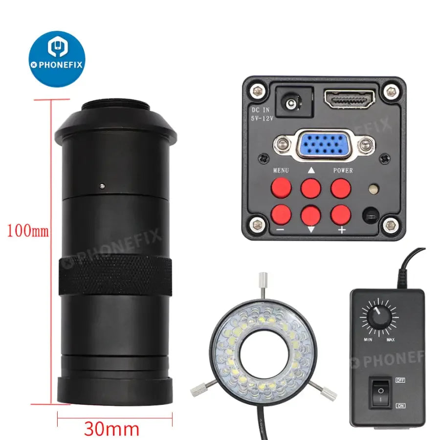 PhoneFIX microscope set with 130x industrial camera lens, magic arm, and super clamp for detailed magnification and precise viewing.