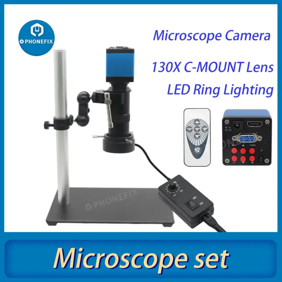 PhoneFix microscope set with industrial camera, 130x lens, magic arm, and super clamp for precise microscopy and inspection tasks.
