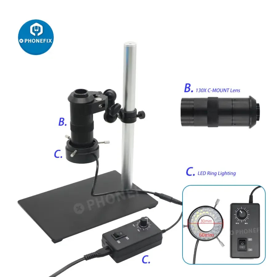 PhoneFIX microscope set with 130x industrial camera, magic arm, super clamp, and accessories for detailed microscopy inspection.