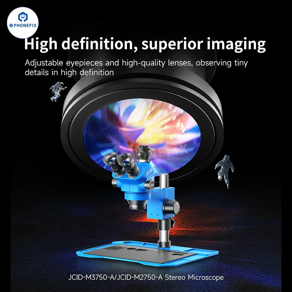 Phonefix JCID M3750A 7-50X trinocular stereo microscope with optical digital 2-in-1 features, showing the microscope's eyepieces and controls.