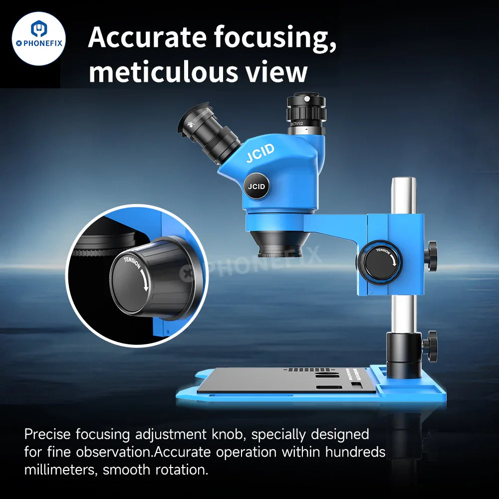 PHONEFIX JCID M3750A 7-50X trinocular stereo microscope with optical and digital 2-in-1 features, showing the microscope's eyepieces and body