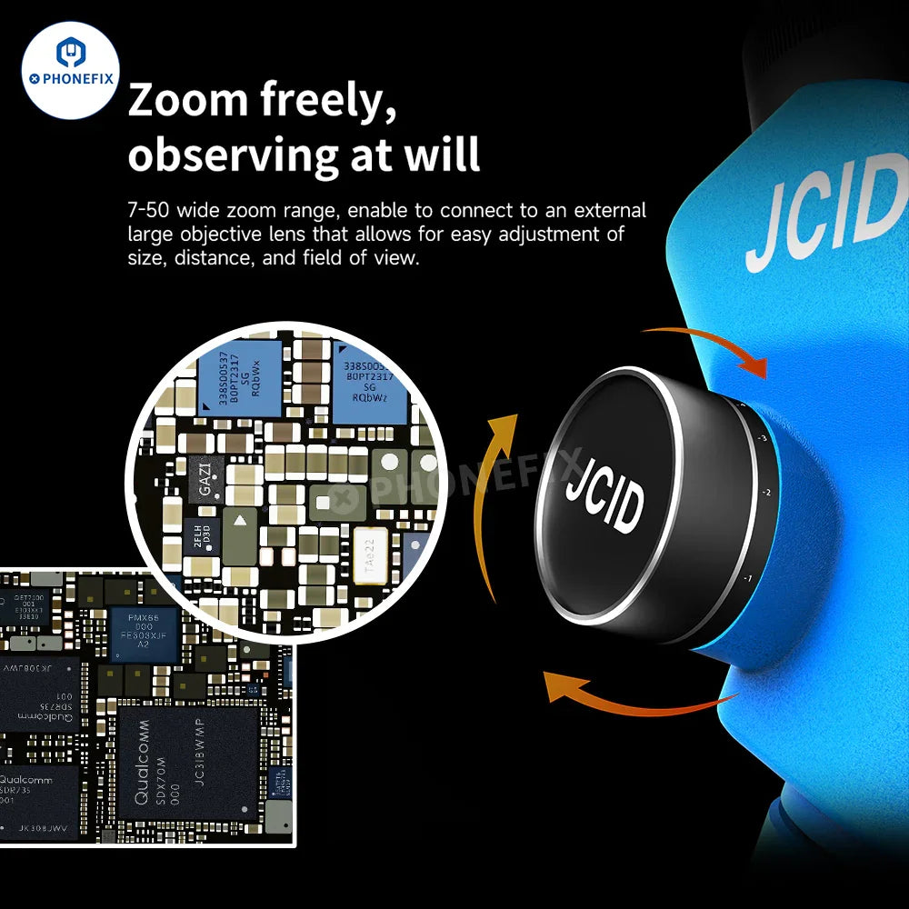 JCID M3750A 7-50X trinocular stereo microscope with digital camera, optical zoom, and 2-in-1 design for detailed viewing.