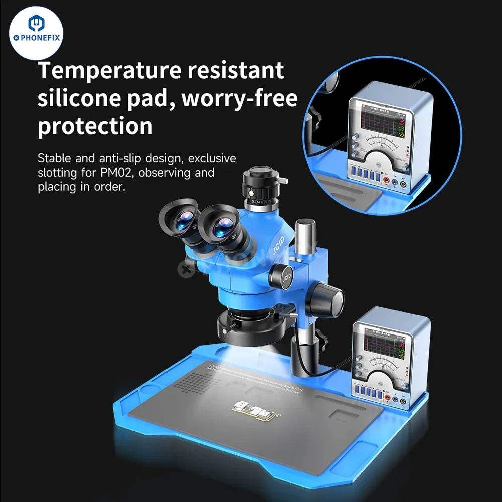 PHONEFIX JCID M3750A 7-50X trinocular stereo microscope with optical and digital 2-in-1 features, showing the microscope and eyepieces.