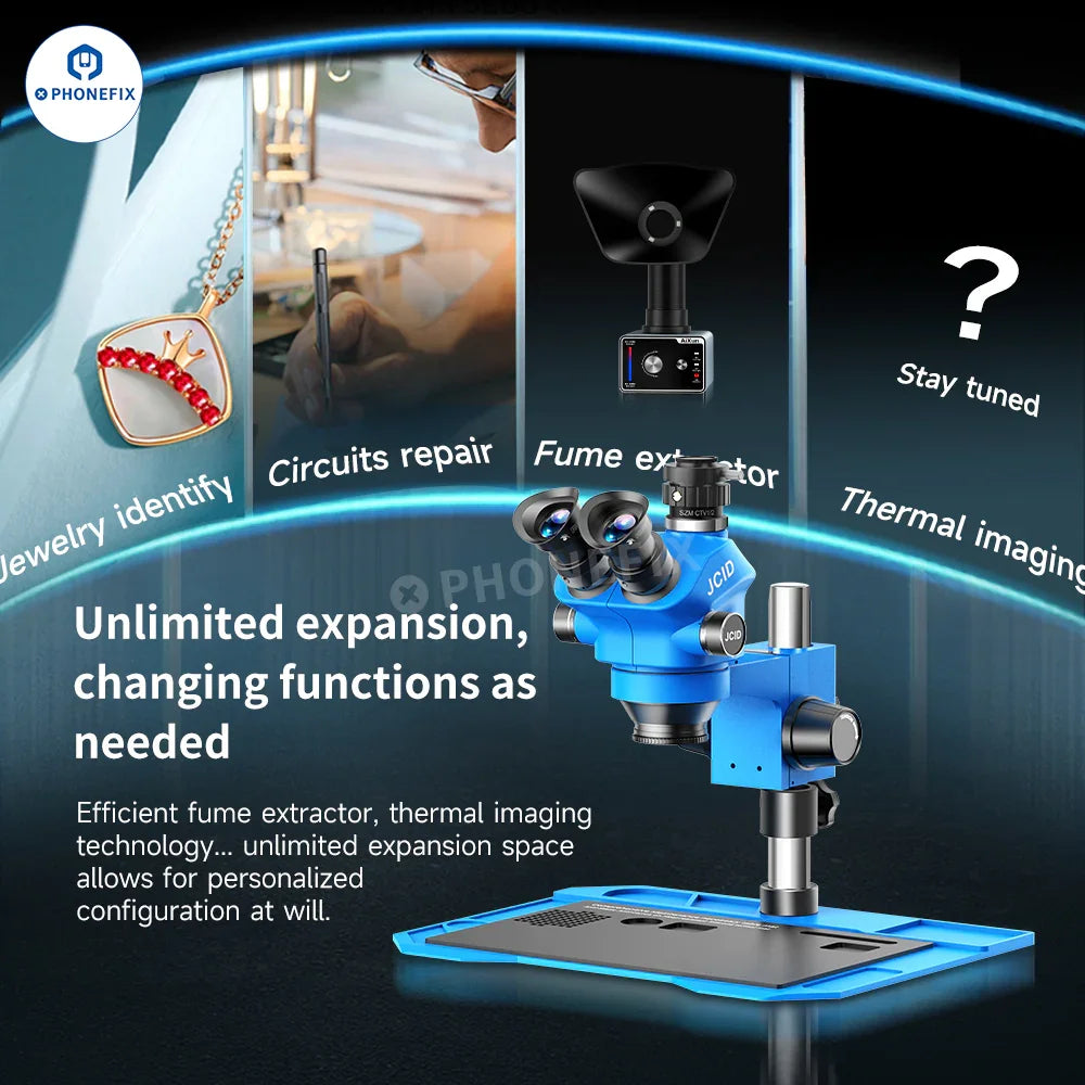 Phonefix JCID M3750A 7-50X trinocular stereo microscope with optical digital display and 2-in-1 design, featuring adjustable eyepieces and focus.
